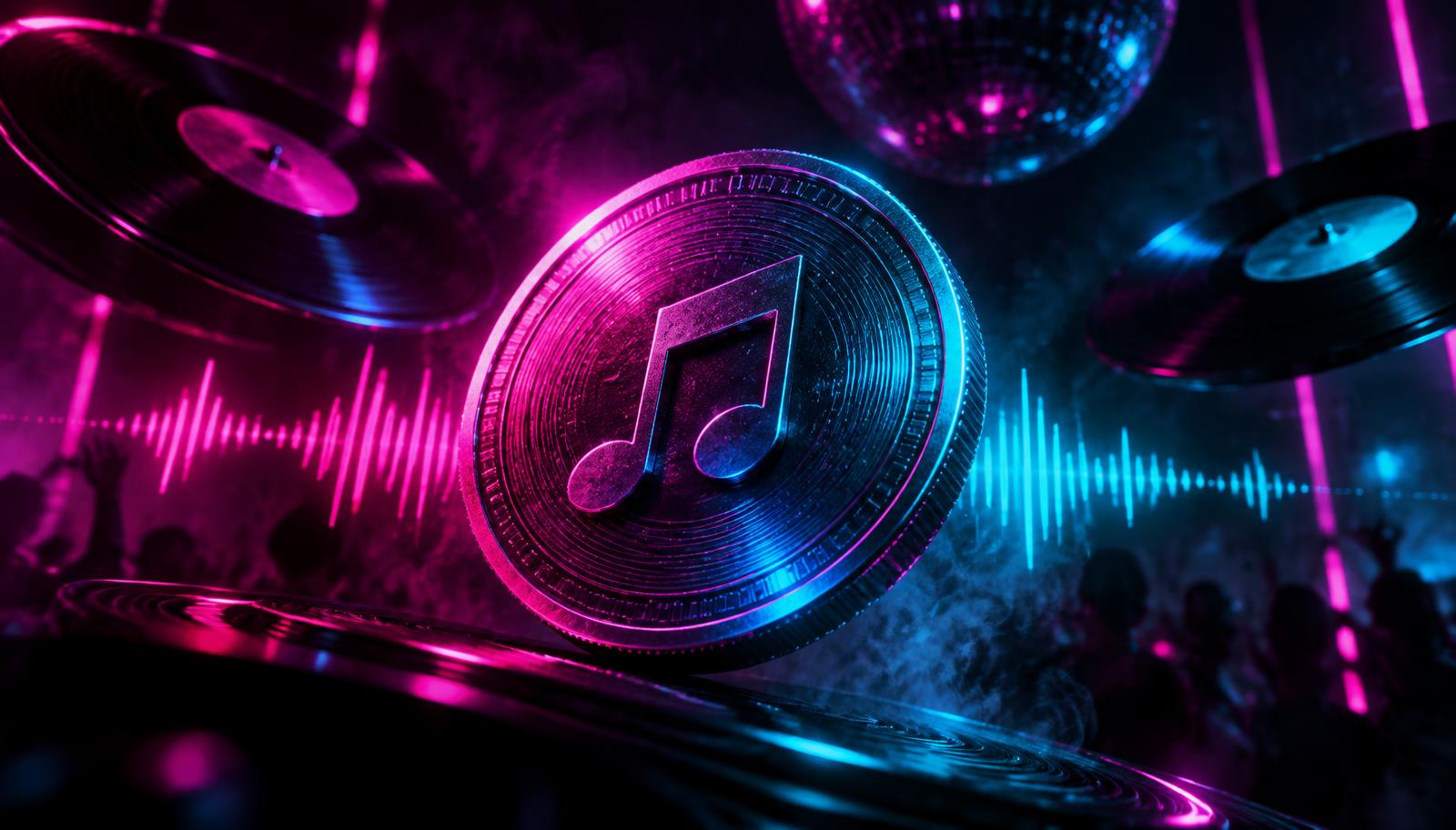 Neon-lit coin engraved with a music note, surrounded by vinyl records and soundwaves